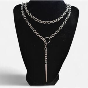 Long wrap around silver spike lariat slip chain necklace